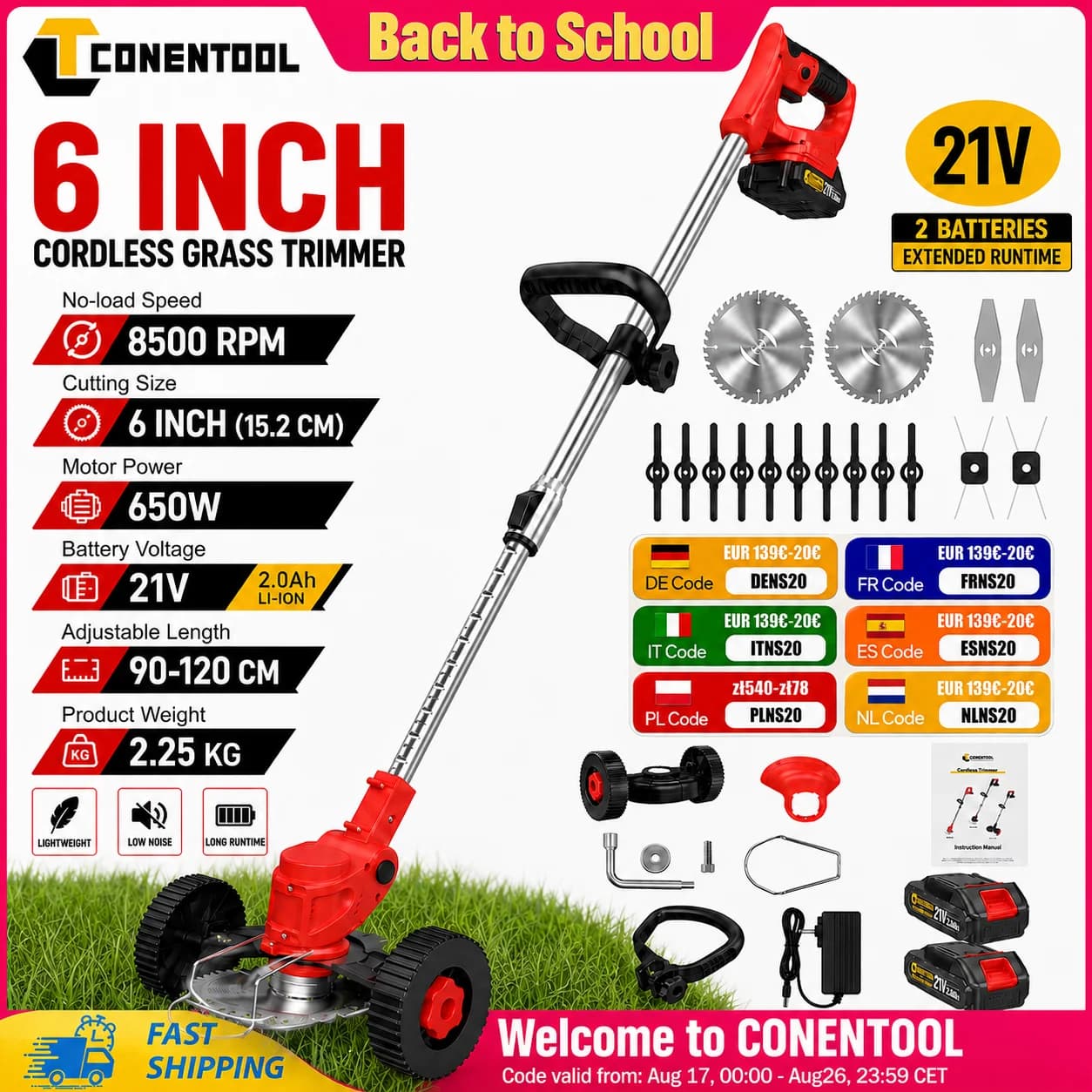 Conentool 21V Cordless Grass Trimmer Brush Cutter 650W Electric Weed Wacker with 5 Cutting Blades, For Makita Battery Interface, Telescopic Pole,