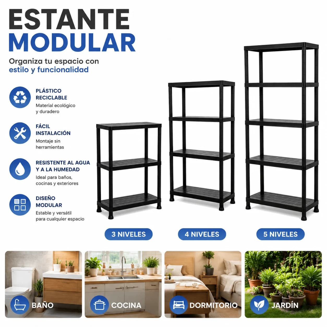 Black Recyclable Polypropylene Plastic Modular Shelves, Available in 3, 4 and 5 Levels, Tool-Free Assembly, Waterproof and Moisture-Proof for
