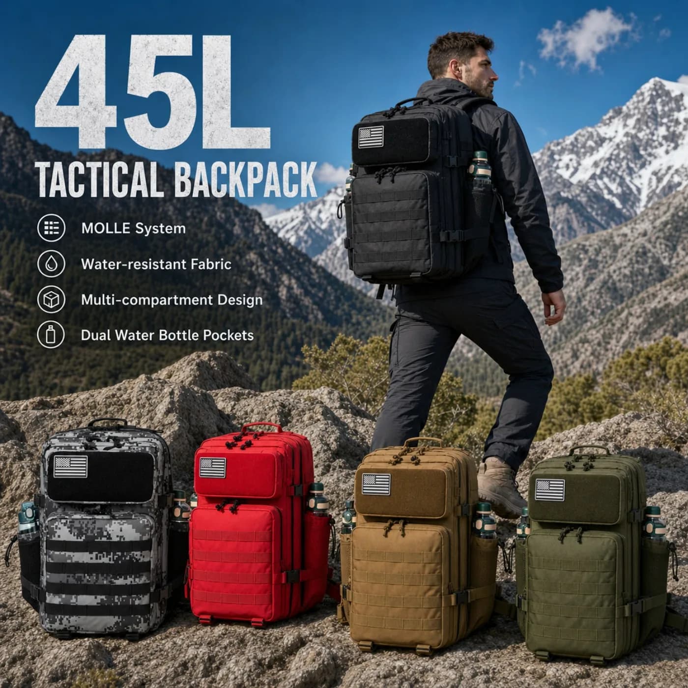 45L Large Capacity Tactical Backpack Hunting Rucksack with Dual Water Bottle Cup Holders Outdoor Camping Survival Equipment Backpack for Hiking