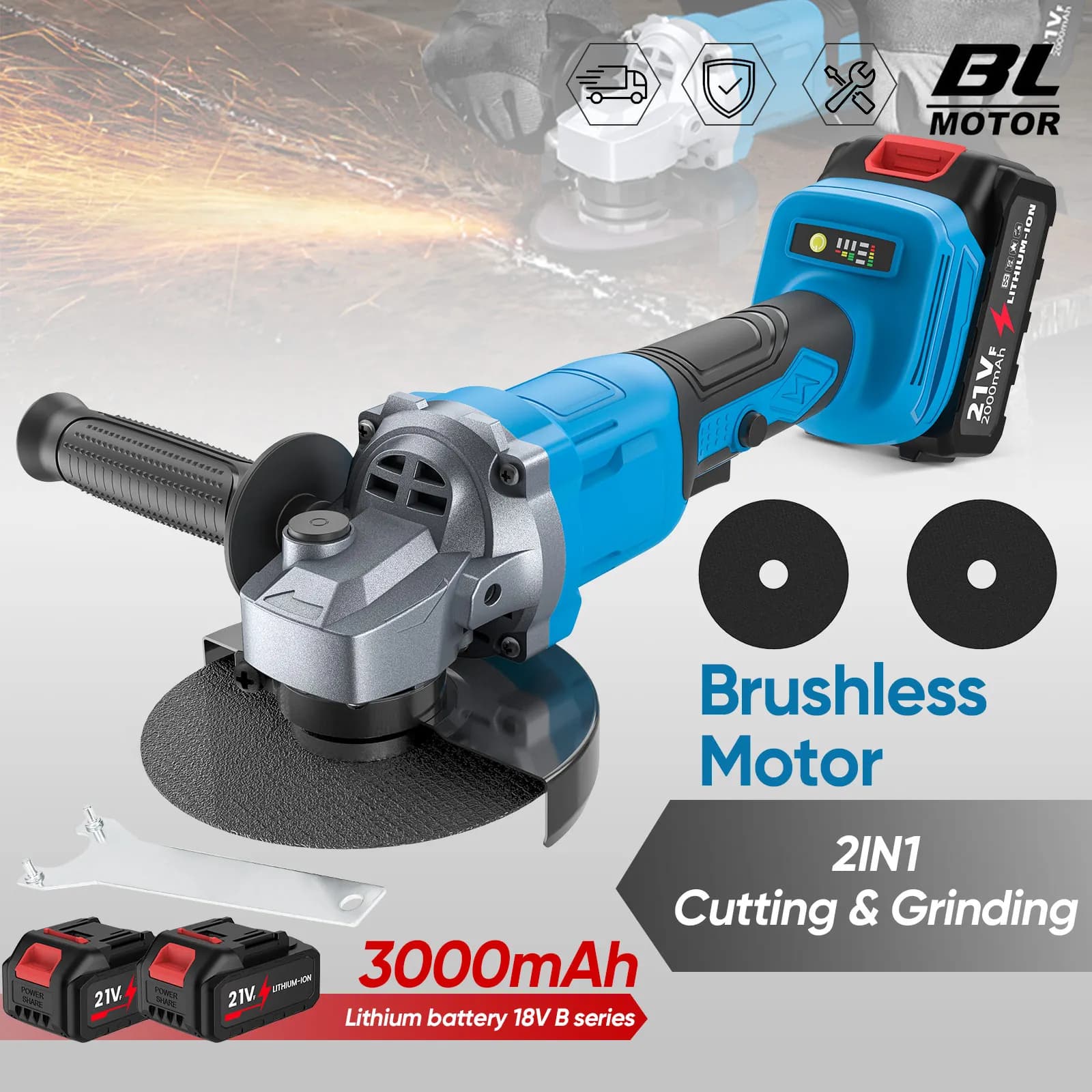 21V 125mm Brushless Angle Grinder 3-Speed Cordless Grinder Cutting Woodworking Electric Tool Suitable for Makita 21V Battery