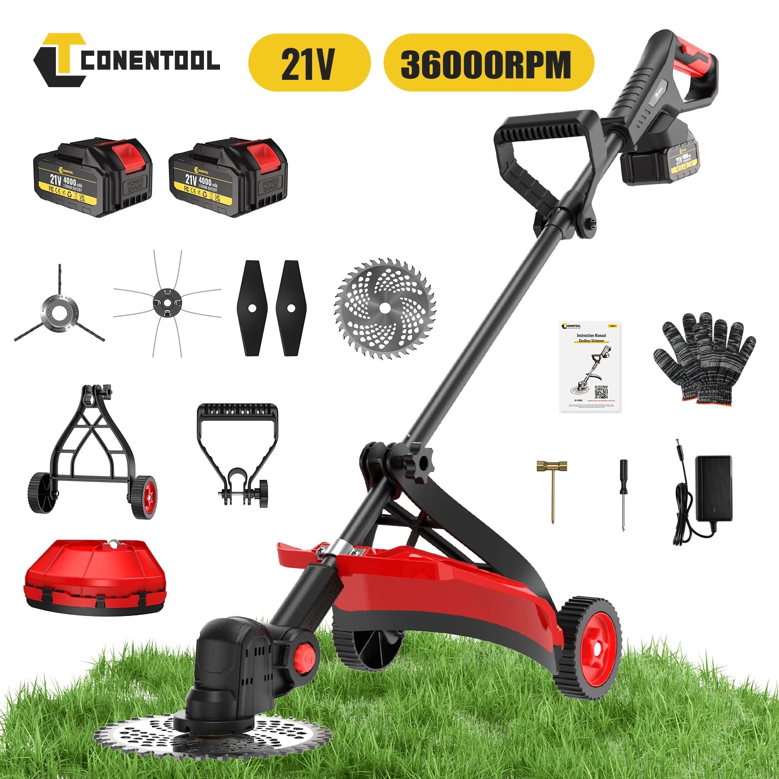 CONENTOOL 10 Inch Brushless Electric Grass Trimmer Cordless Lawn Mower with Wheel 2x4000mAh Battery for Makita 18V Battery Pin