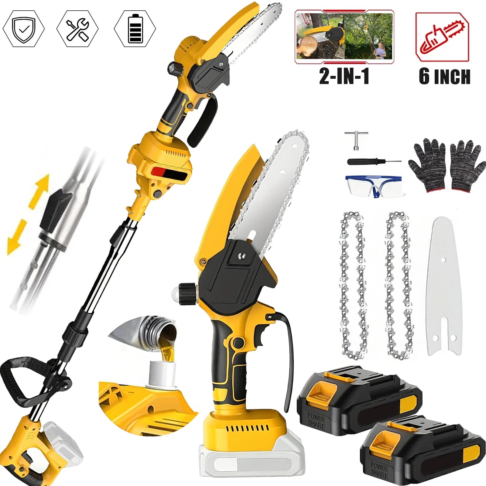 21V Brushed Telescoping Pole Electric Chainsaw 2in1 High Branch Saw Cordless Saw Garden Tree Cutting Pruning Tool For Makita Battery