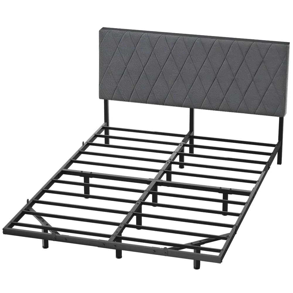 Heavy Floating Steel Metal bed frame 90x200 / 140x200 cm Single & Double Bed with Metal Latted Floor and Grey Upholstered Headboard, 16 cm Under bed