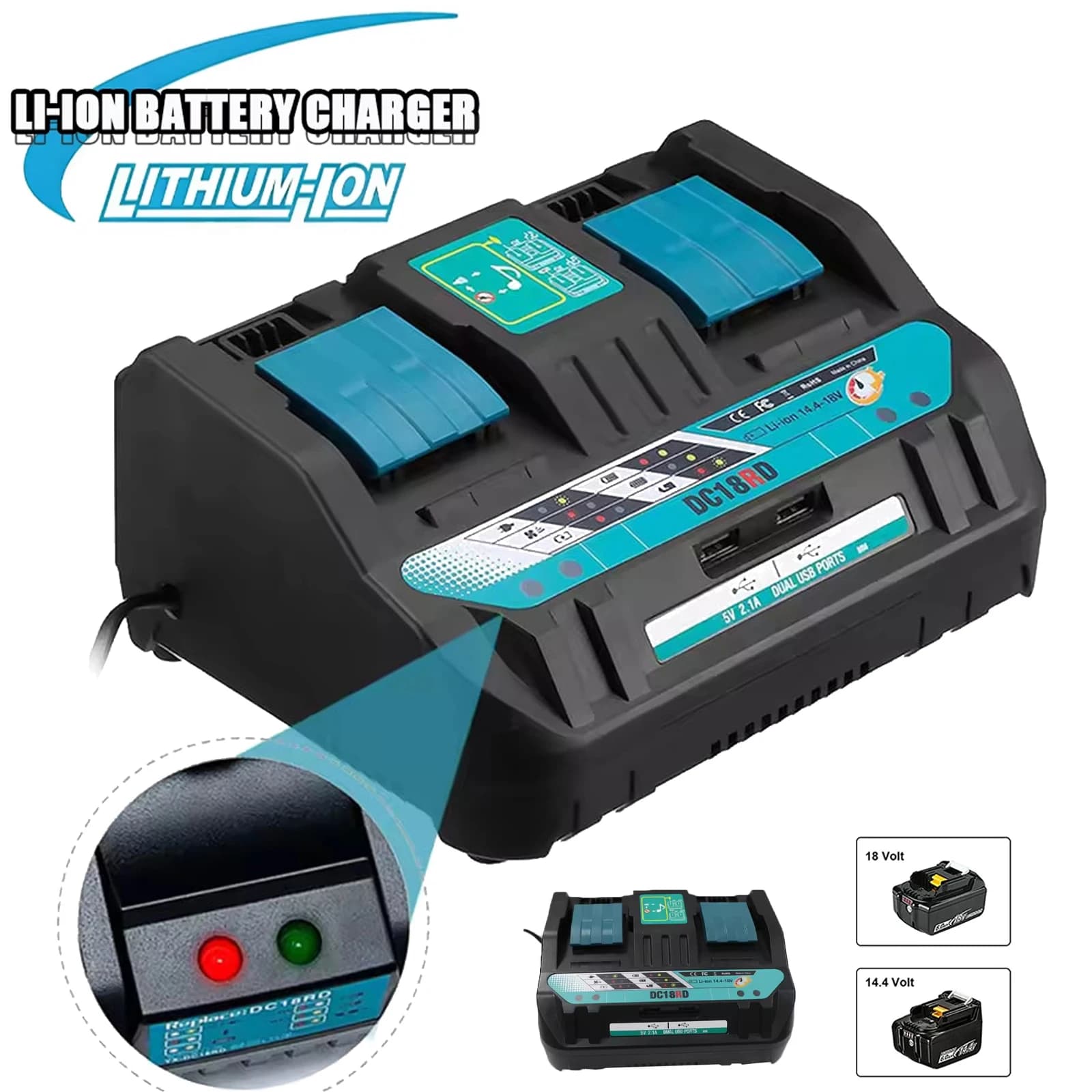 14.4V-18V Lithium‑Ion Battery Charger For Makita Battery Dual Port Fast Charger Rapid Charger with USB Port 4A Power Bank Power Tools Battery