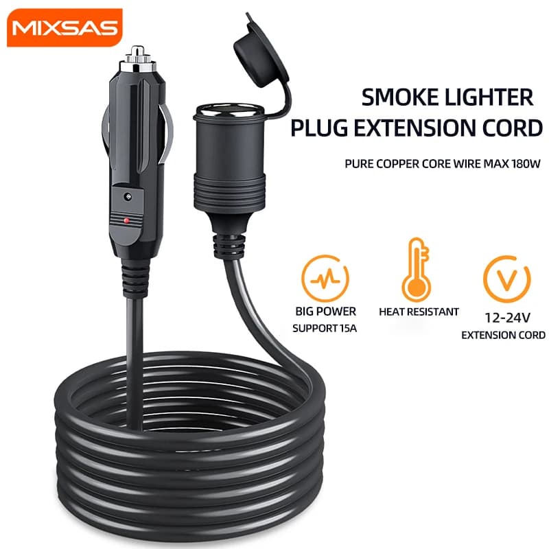 MIXSAS 4M Car Cigarette Lighter Extension Cable12V/24V Socket Plug Adapter with LED for BMW/Benz Cigaret Lighter Cord Universal