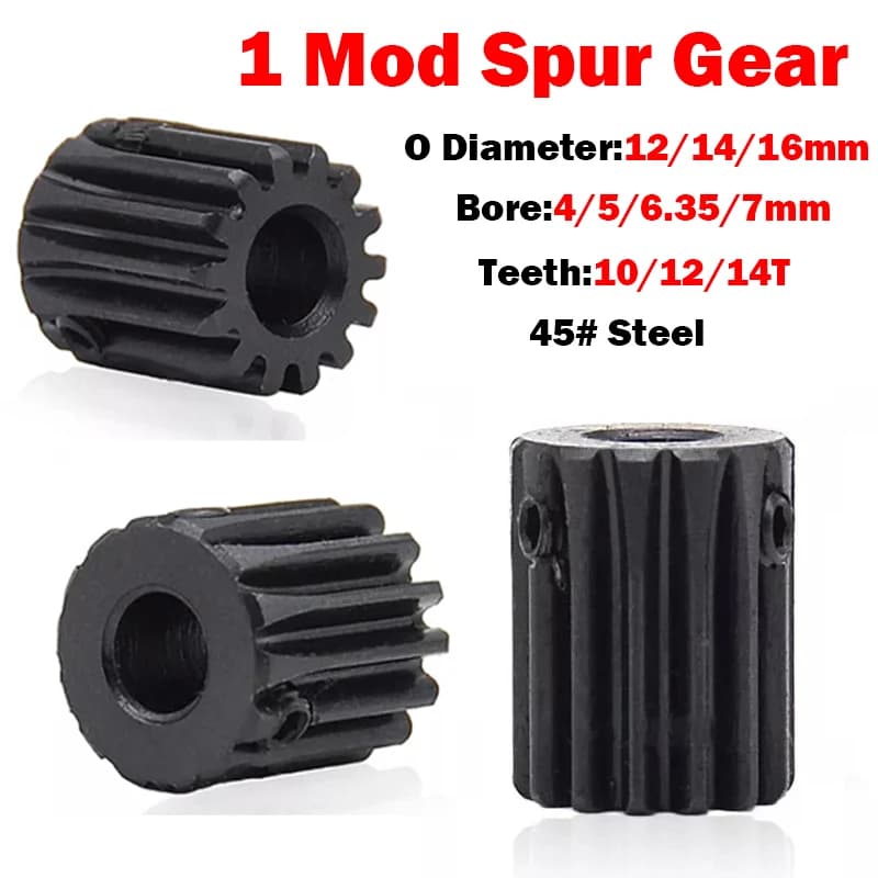 1PCS 1 Mod Pinion Gear Teeth:10/12/14T Spur Gear With Screw 45# Steel  Bore 4/5/6/6.35/7mm Motor Transmission Gear Black