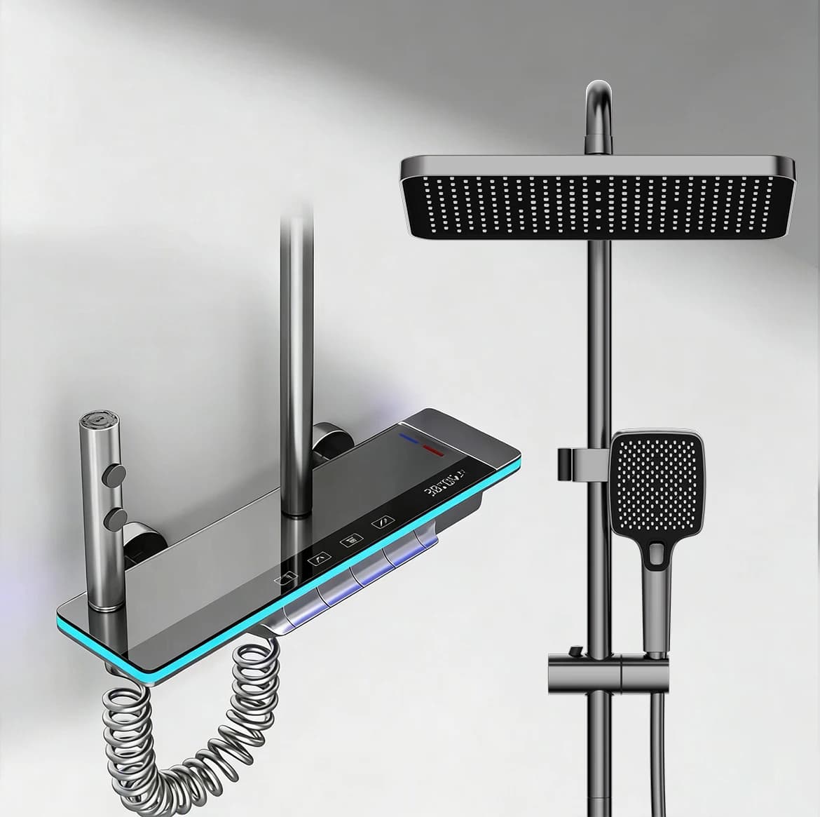 Smart Digital Display Shower System: LED Temperature Display, Copper Mixer Valve, Tempered Glass Panel & Rainfall Shower Set