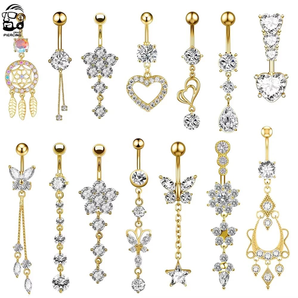 Butterfly-bow Dangled Navel Ring Piercing 14G Flower Heart Crystal CZs Belly Button Ring for Women Stainless Steel Belly Jewelry