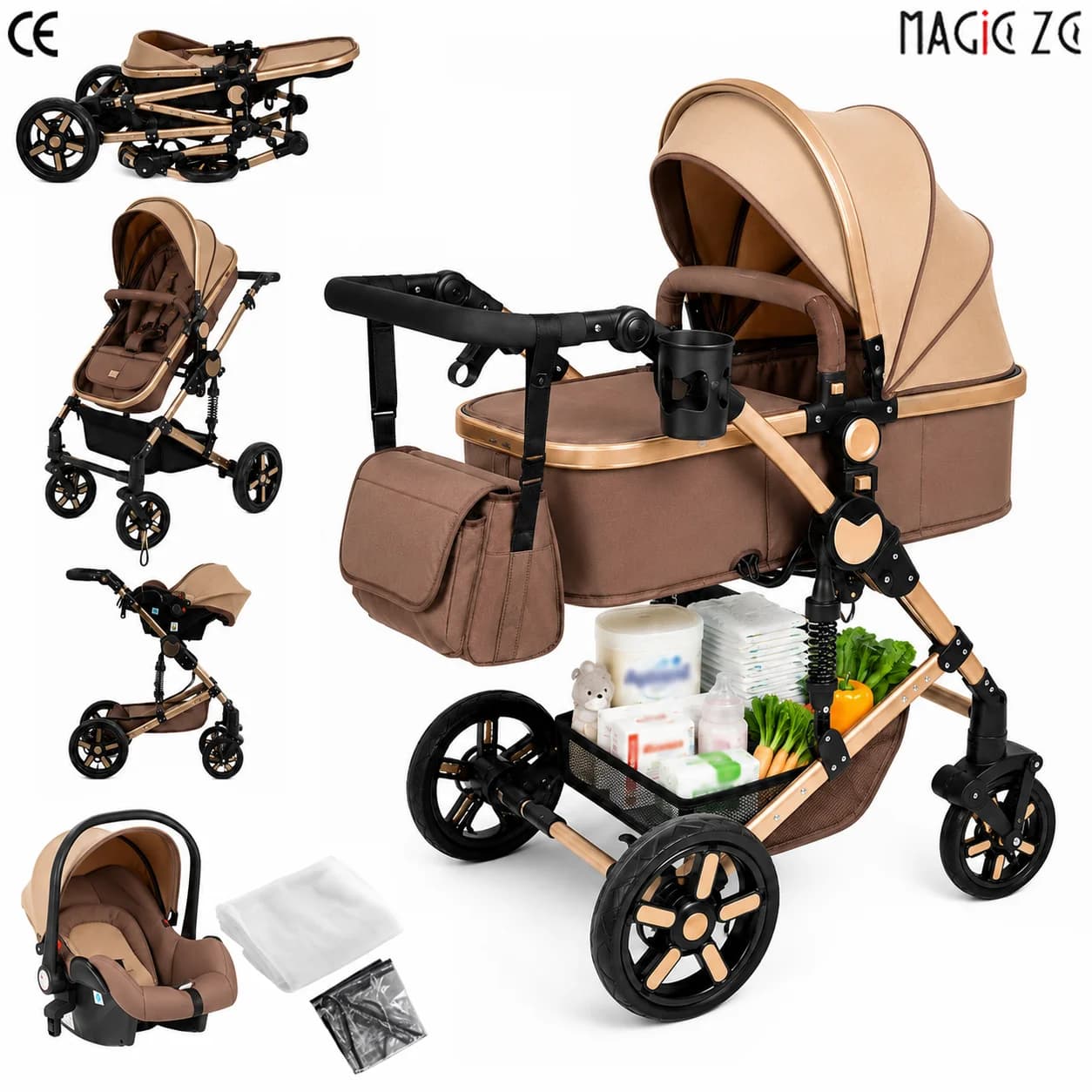 3-in-1 pushchair baby travelling system pram and pushchair with car seat lightweight foldable compact frame high-position shock-absorbing wheels