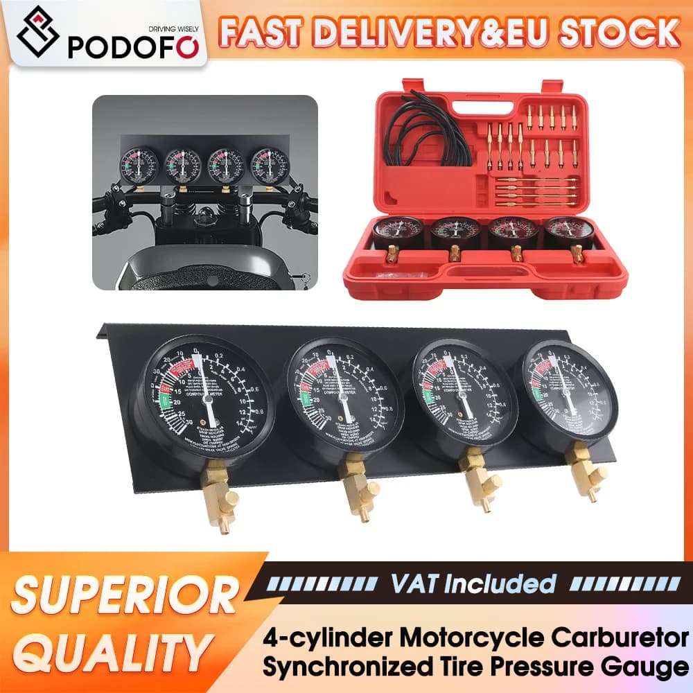 Podofo 4-Cylinder Vacuum Gauge Carburetor Synchronizer Adjustment Tool Kit Auto Engine Vacuum Tester for Diagnose Timing Stuck Valves Manifold Leaks