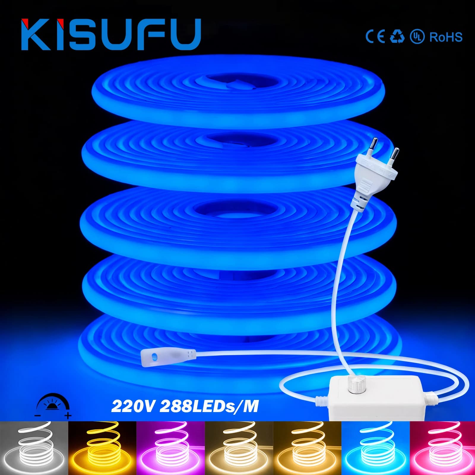 220V Dimmable COB LED Neon Strip Light Outdoor Waterproof Super Bright 288LEDs/M Flexible Lamp Garden Home Bar Decor 10 Colors