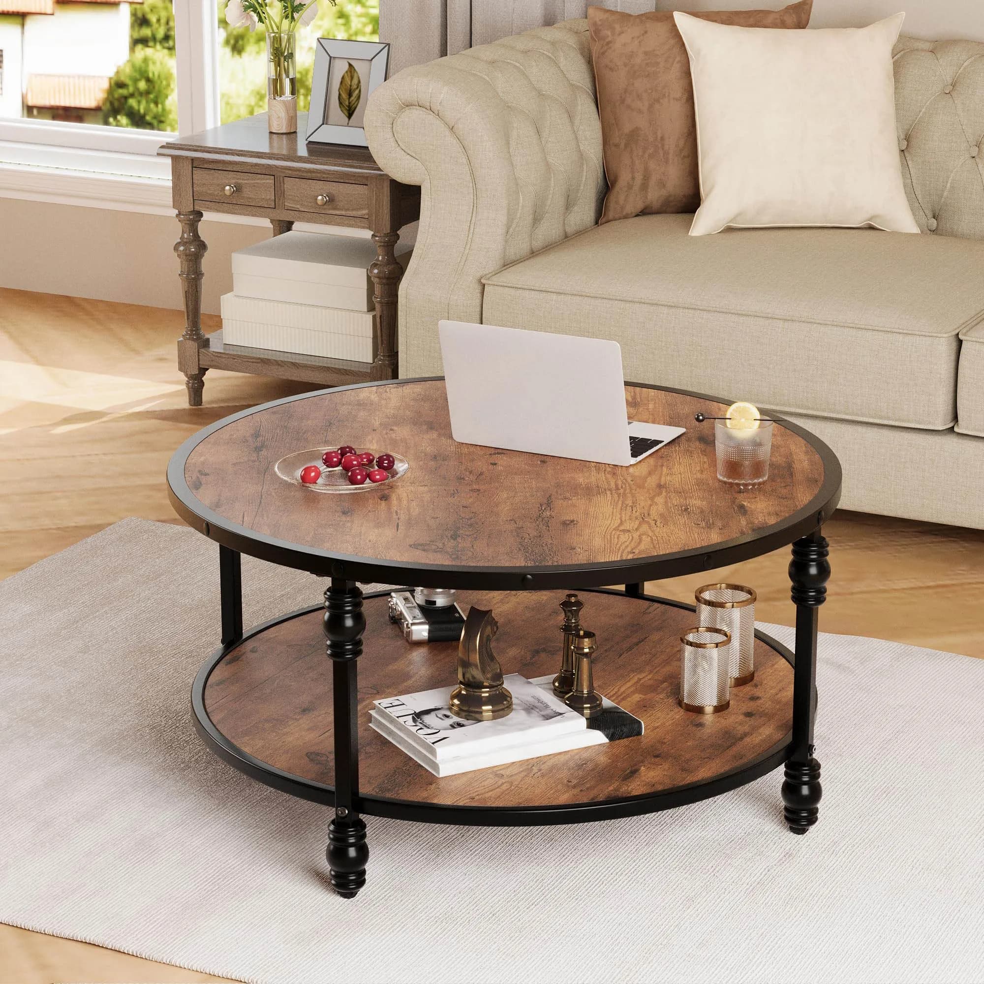 Rustic 2-Tier Round Coffee Table – Uniform Wood Top, Metal Legs, Open Storage Shelf, Vintage Style Center Table for Living Room, Easy Assembly