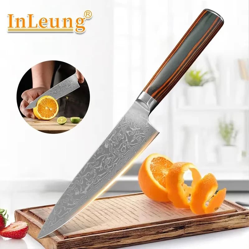 Damascus Knife Kitchen Knife Chef Cleaver Meat Vegetable Steak Cutting Barbecue Knife Wooden Handle Utility Cooking Tools