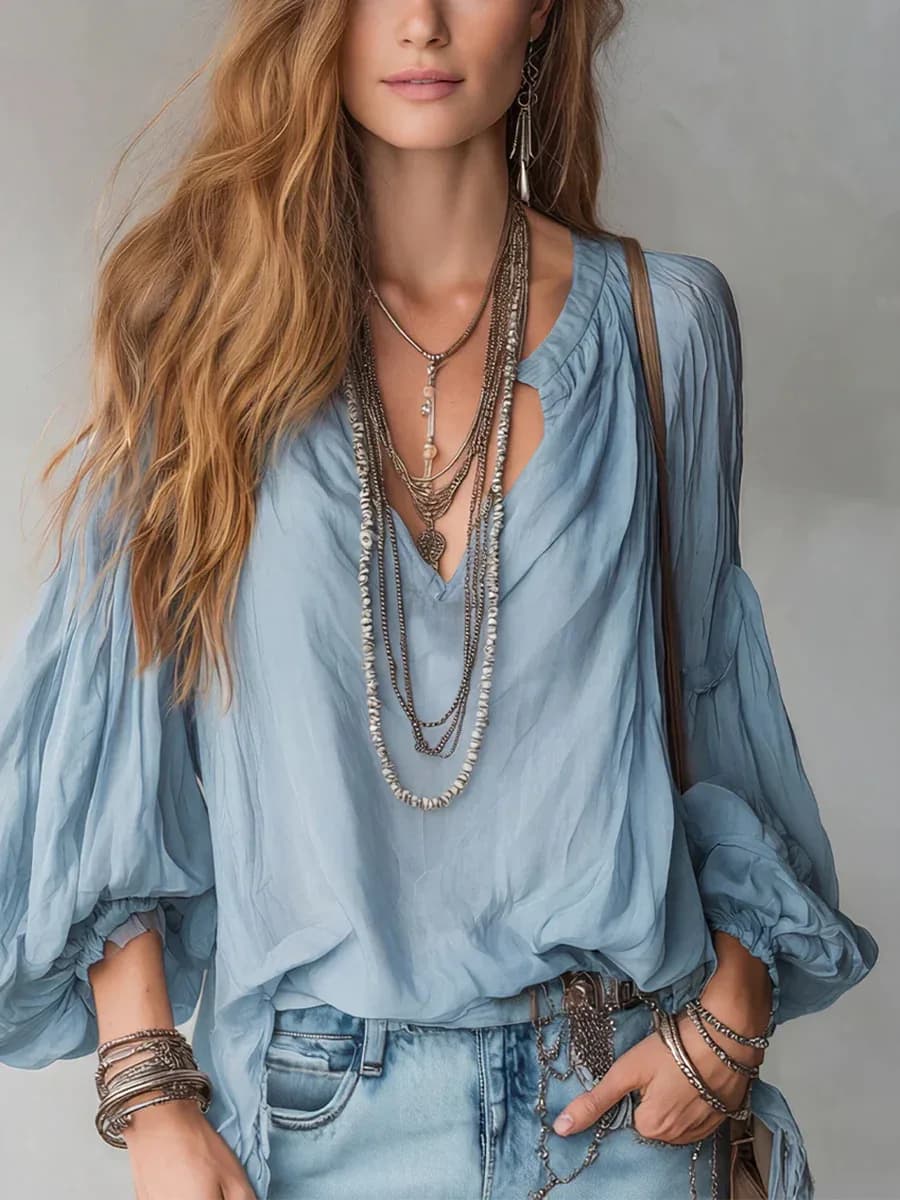 Vacation Bohemian Blouse for Women V Neck Puff Lantern Sleeve Loose Casual Beach Long Sleeve Top
