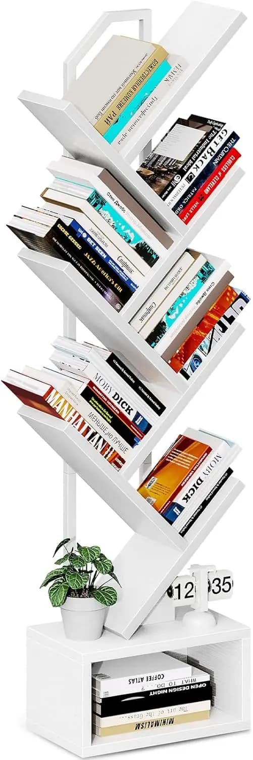 Coleshome Tree Bookshelf, Freestanding Bookcase with 6 Tiers, Wooden Bookshelf Suitable for Living Rooms and Bedrooms, White