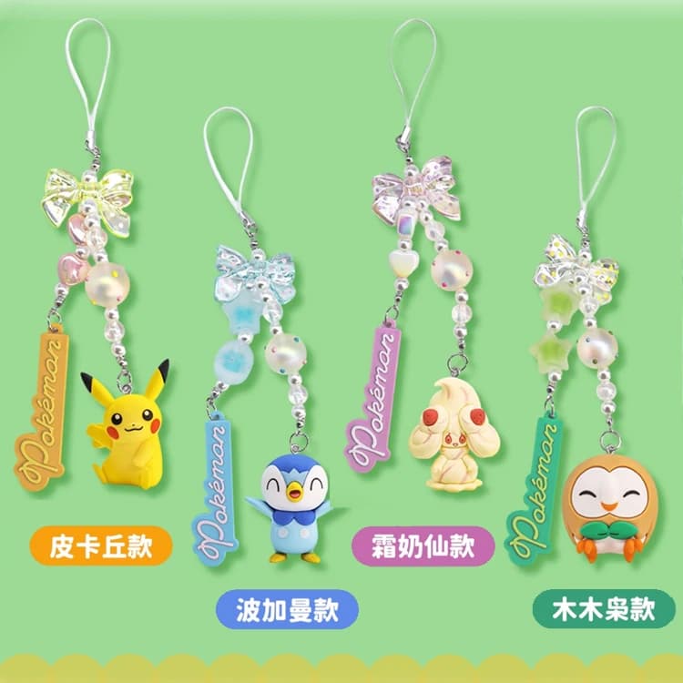 Genuine Pokemon Keychain Pikachu Piplup Rowlet Alcremie Anime Action Figure Mobile Phone Chain Strap String Keyring Pendant Gift