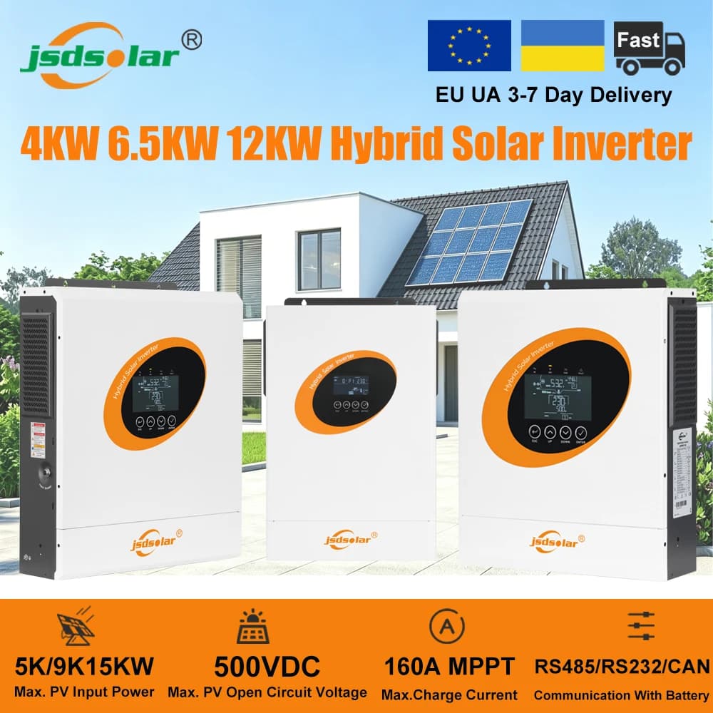 Jsdsolar 12KW 6.5KW 4KW Hybrid Solar Inverter 48V 24V 220Vac  Pure Sine Wave Off Grid Inverter Built-in 160A MPPT Solar Inverters Dual AC Output With