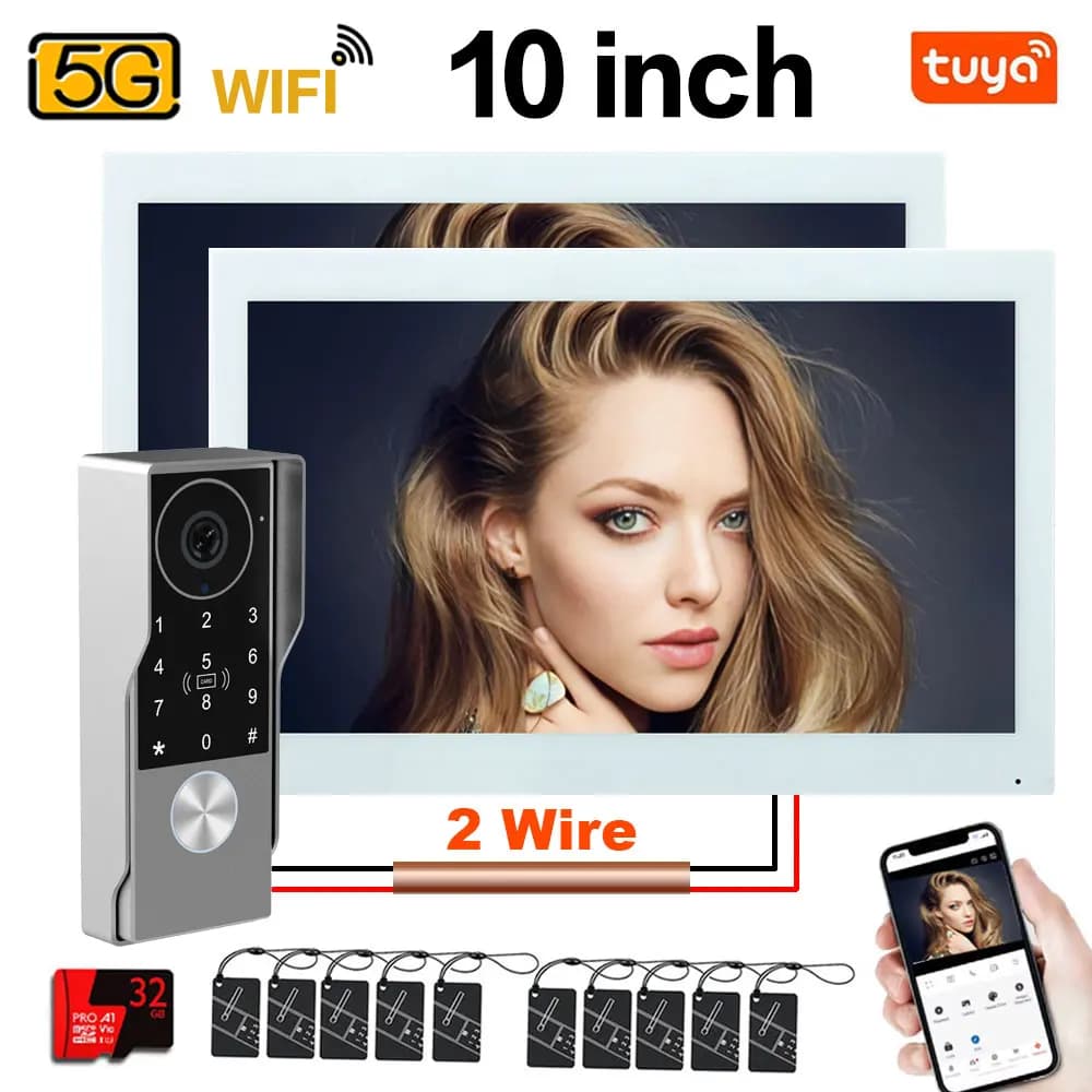 2-Wire 7 / 10" Video Door Phone with 2pcs Monitor TUYA App IC Card PIN Unlock Support Smart Video Intercom System for Home 1080P