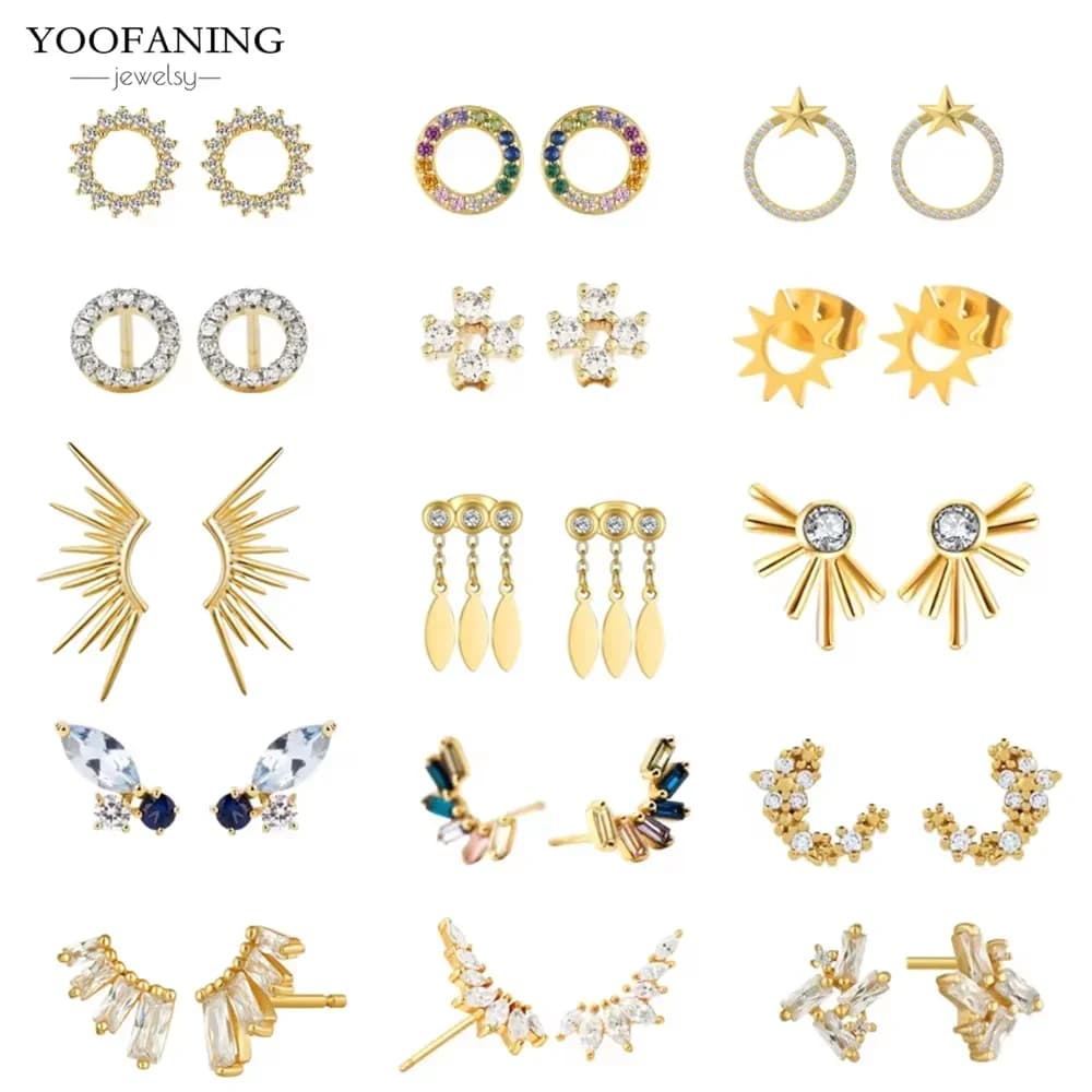 YOOFANING 925 Sterling Silver Ear Needle Personality Line Sun Rays Stud Earrings Zircon Korean Boutique Earrings Fashion Jewelry