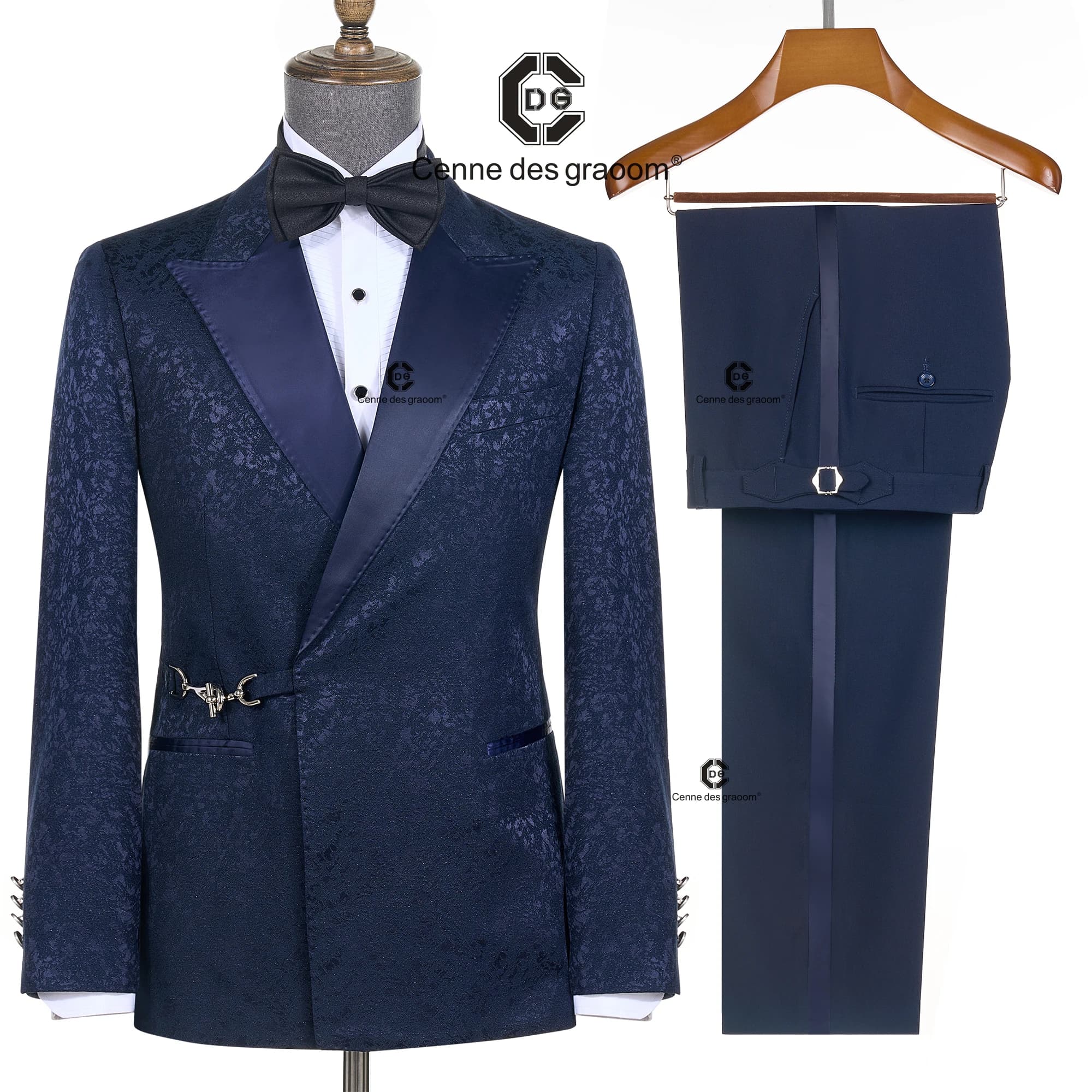 Cenne Des Graoom 2026 Elegant Luxury Blue Tuxedo Floral Jacquard Metal Side Release Buckle 2 Pieces Set Wedding Party Groomsmen