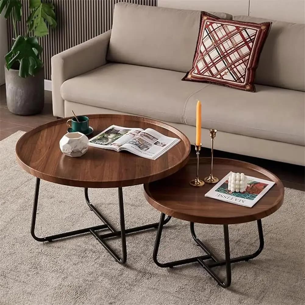 Set of 2 Mid Century Modern Round Nesting Coffee Tables, Fluted Walnut Grain Top Circle Centre Side Tables for Living Room Bedroom Office