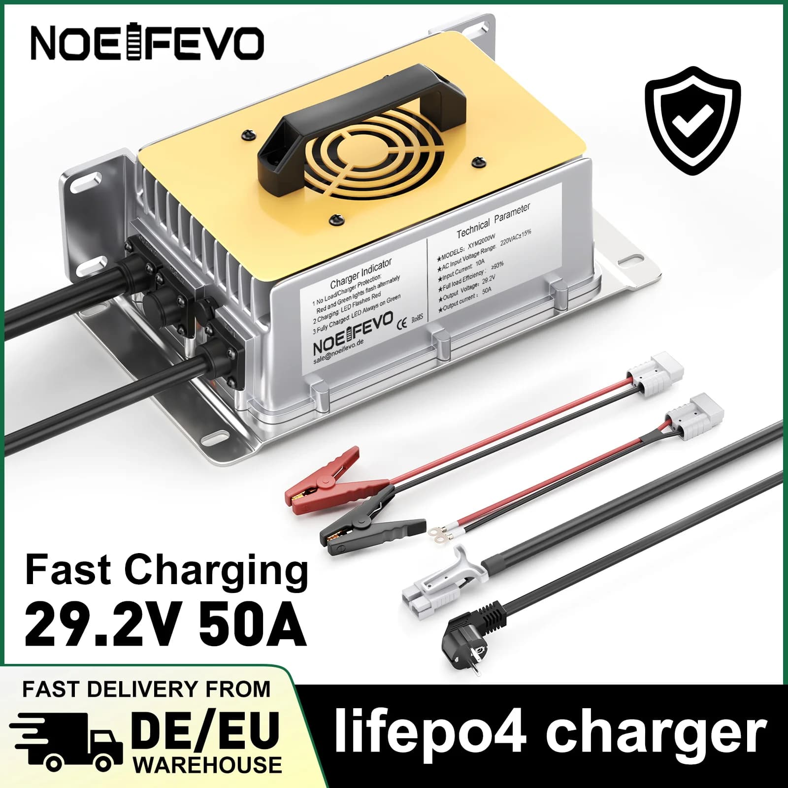 Noeifevo 29.2V 50A 30A LiFePO4 Battery Charger for 24V 25.6V LiFePO4 Lithium Battery, 0V BMS Activate, Waterproof