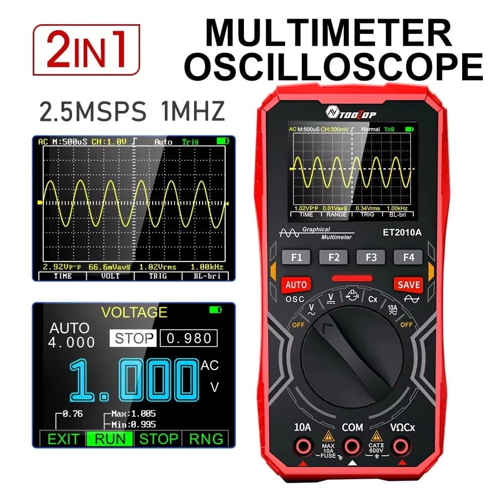 TOOLTOP ET2010A 2.4-Inch 1MHz Bandwidth Digital Oscilloscope 4000 Counts Ture-RMS Multimeter Auto Measure Handheld Oscilloscope