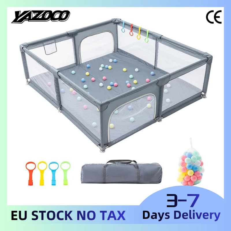 Light Gray Baby Playpen, Kids Safety Play Fence With Pull Ring & Ball Box, Large Playground Corralito Child Safety Barrier For Toddler Infant