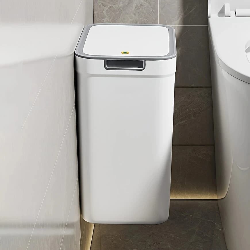 [Touchless Bathroom Trash Can] Odor-Sealing, Touchless Wall-Mounted Bathroom Trash Can | Durable Plastic, Rectangular Design wit