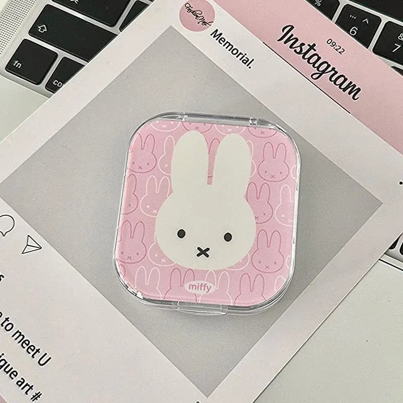 Miffy Bunny Cosmetic Organizer Portable Double-Compartment Contact Lens Case with Mirror for Women Cute Cartoon Storage Box