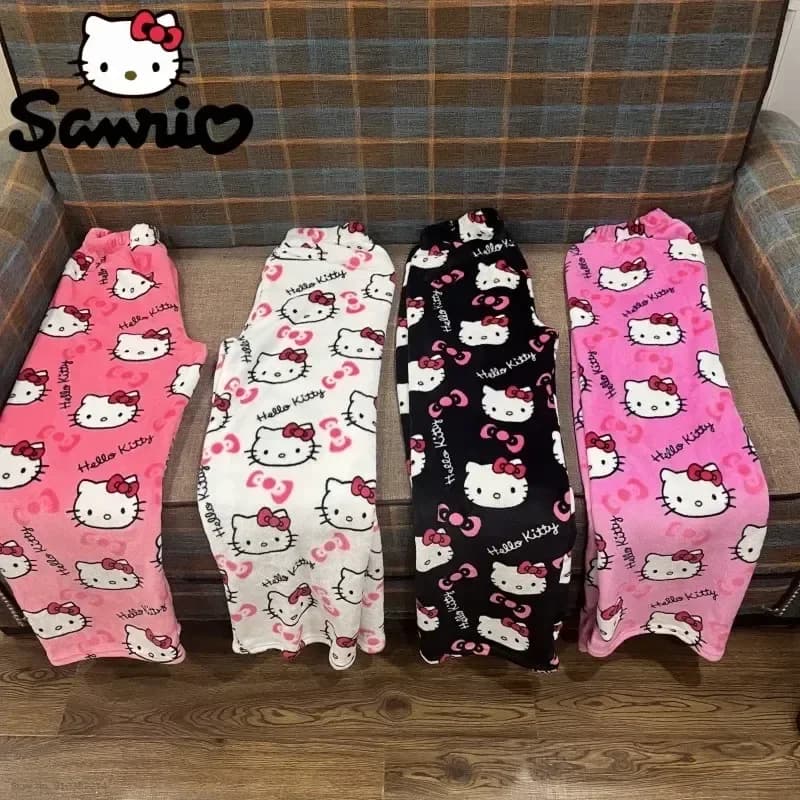 Sanrio Hello Kitty Soft Flannel Wide Leg Pajama Pants Printed Casual Home Loungewear For Women Daily Sleeping Relaxing Wear