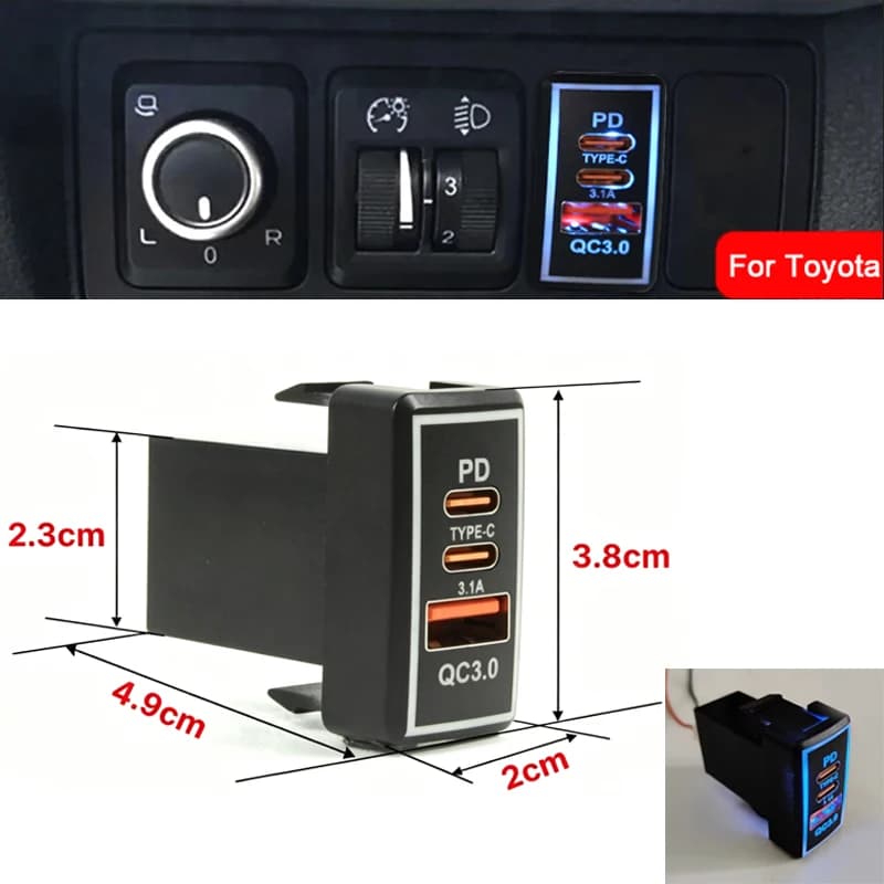 12V Car Charger PD QC3.0 USB Fast Charger Socket Blue Indicator LED Mobile Phone Charge Power Adapter Outlet For Toyota