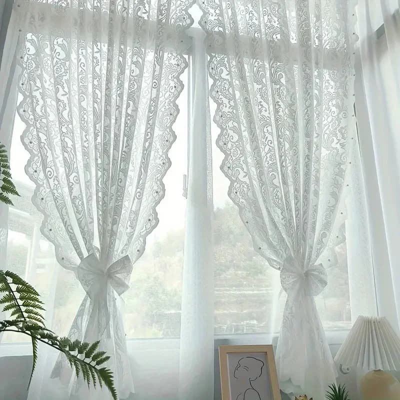 1pc Elegant French Country Lace and Bead Curtain with Phoenix Tail Wave Design - Perfect for Living Rooms and Bedrooms
