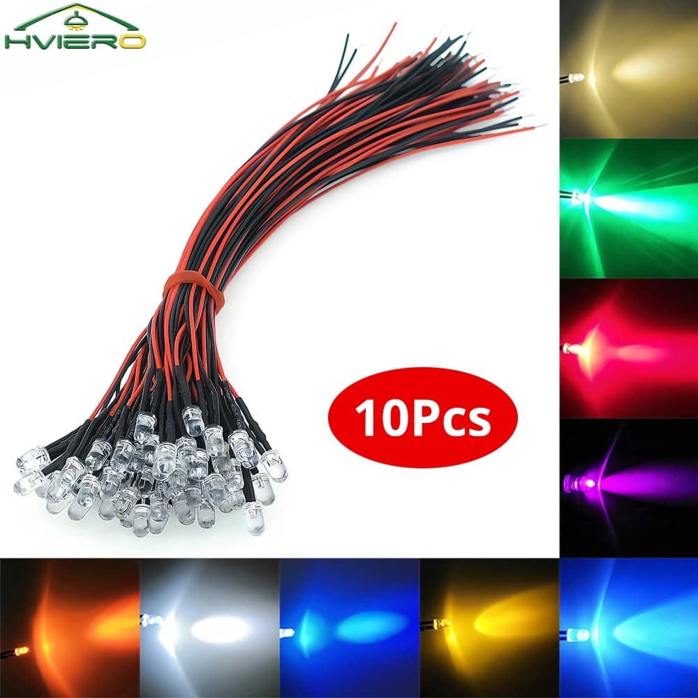 10X 5mm Round Light 20cm Pre Wired LED Emitting Diodes Chip Bulb Cable DC 12V Warm White DIY Decoration Neon Led Sign Lamp Beads