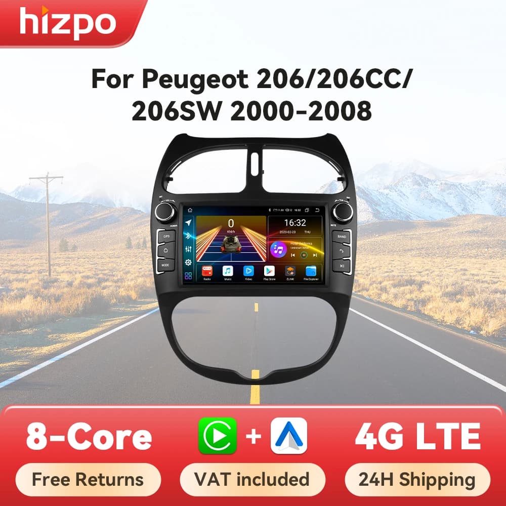 Hizpo 7" Car Radio Android for Peugeot 206 206CC 206SW 2000-2008 Multimedia Carplay Player 2Din Stereo Autoradio Navigation GPS