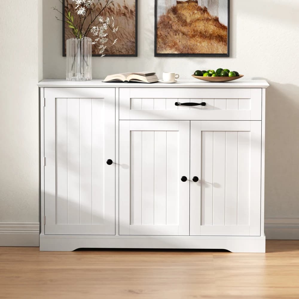 Modern Elegant White Sideboard Buffet Storage Cabinet with 3 Closed Doors and 1 Drawer Multifunctional Household Organizer Furniture Large Capacity