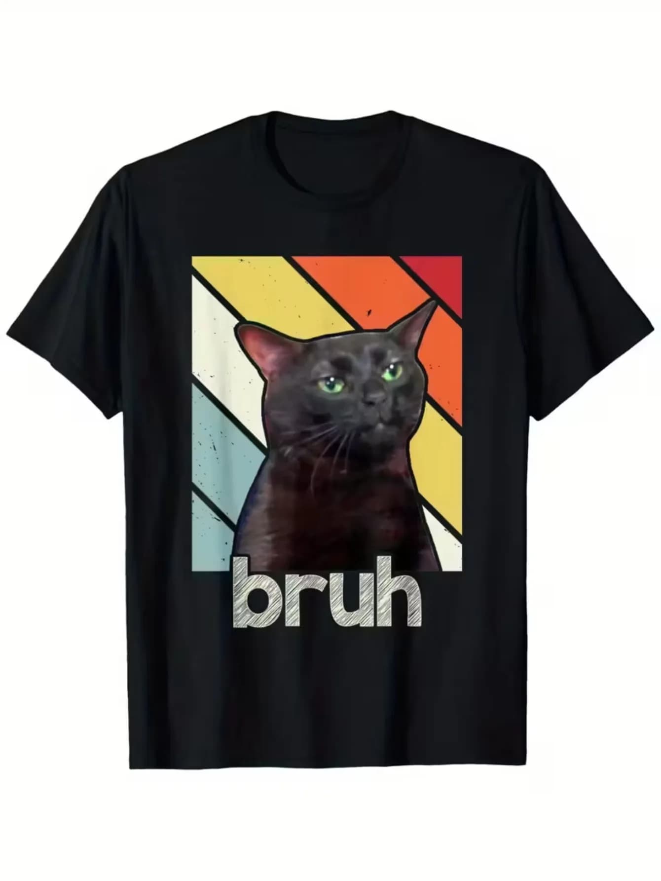 Unisex Casual Printed T-Shirt (Cat with Retro Background) – Black Short-Sleeve Crew Neck Summer Style, Fun Essential, Relaxed Fi