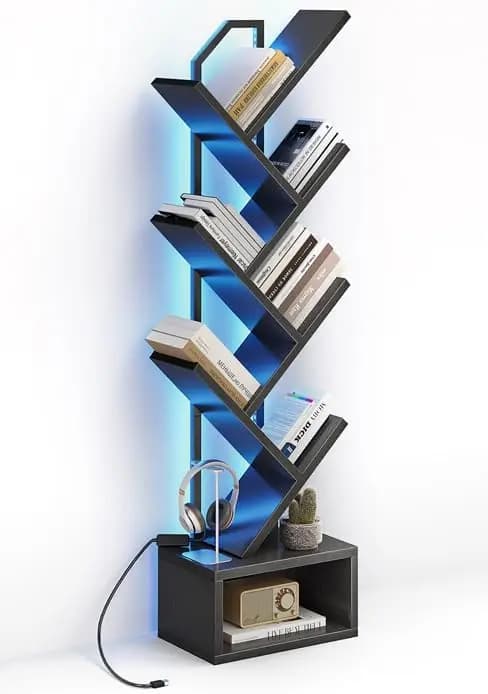 Coleshome Tree Bookshelf, Freestanding Bookcase with 6 Levels, Wooden Bookshelf with Led Strips, Suitable for Living Rooms and Bedrooms, 110cm, Black