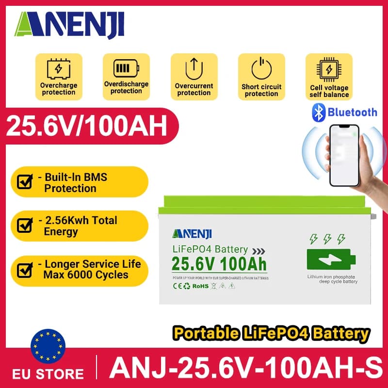 ANENJI 24V 100Ah LiFePO4 Deep Cycle Battery Rechargeable Lithium Iron Phosphate Battery 6000+ Cycle Bluetooth for Solar Panel