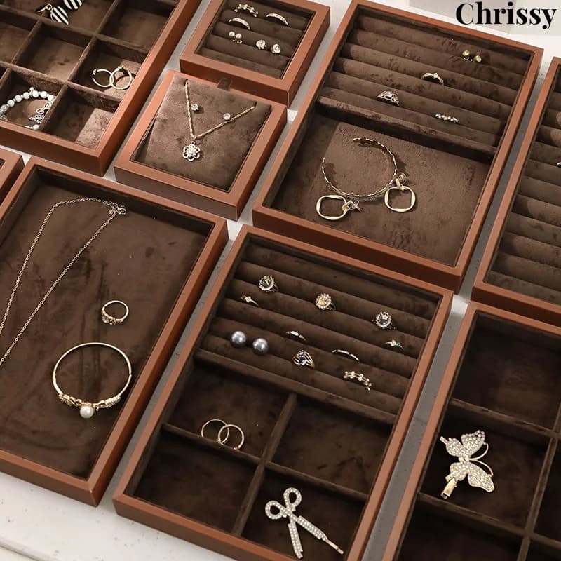 Brown Leather Jewelry Tray with Velvet Inside Watch Stand Necklace Ring Bracelet Storage Organizer Tray Earring Brooch Holder