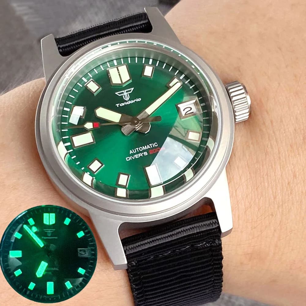 Tandorio 36mm Military 200M Diver Mechanical Watch Men NH35PT5000 Lume Green Blue Sunburst Dial Domed Sapphire Vintage Clock