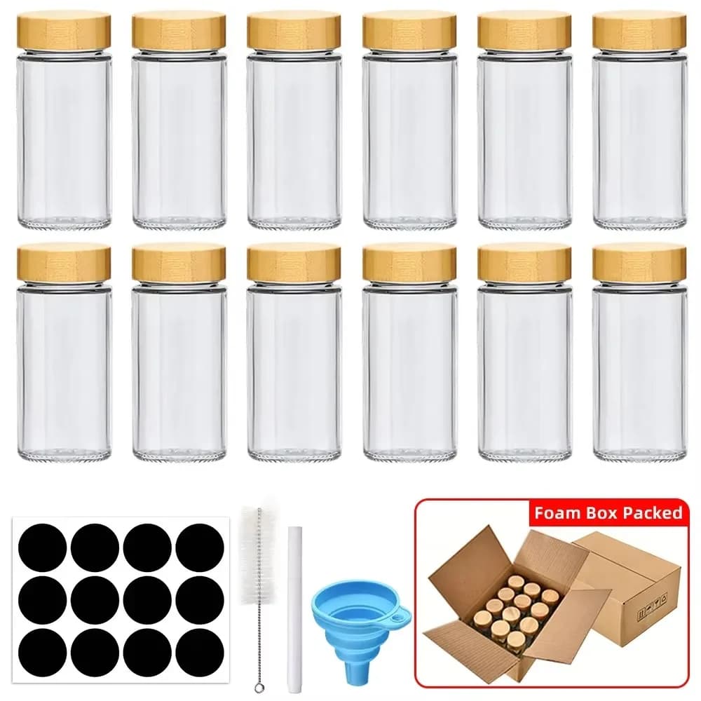 6/12/24pcs  Glass Spice Jars with Bamboo Lids Or Metal Lids Include Minimalist Spice Labels Stickers Collapsible Funnel Jar Set