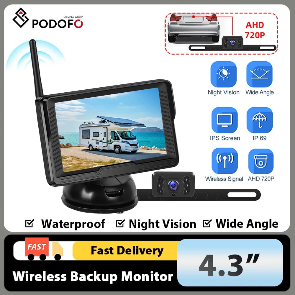 Podofo 4.3 Inch Screen Wireless Reverse Camera Infrared Night Vision Anti-interference Long Range IP69 Waterproof Backup Camera