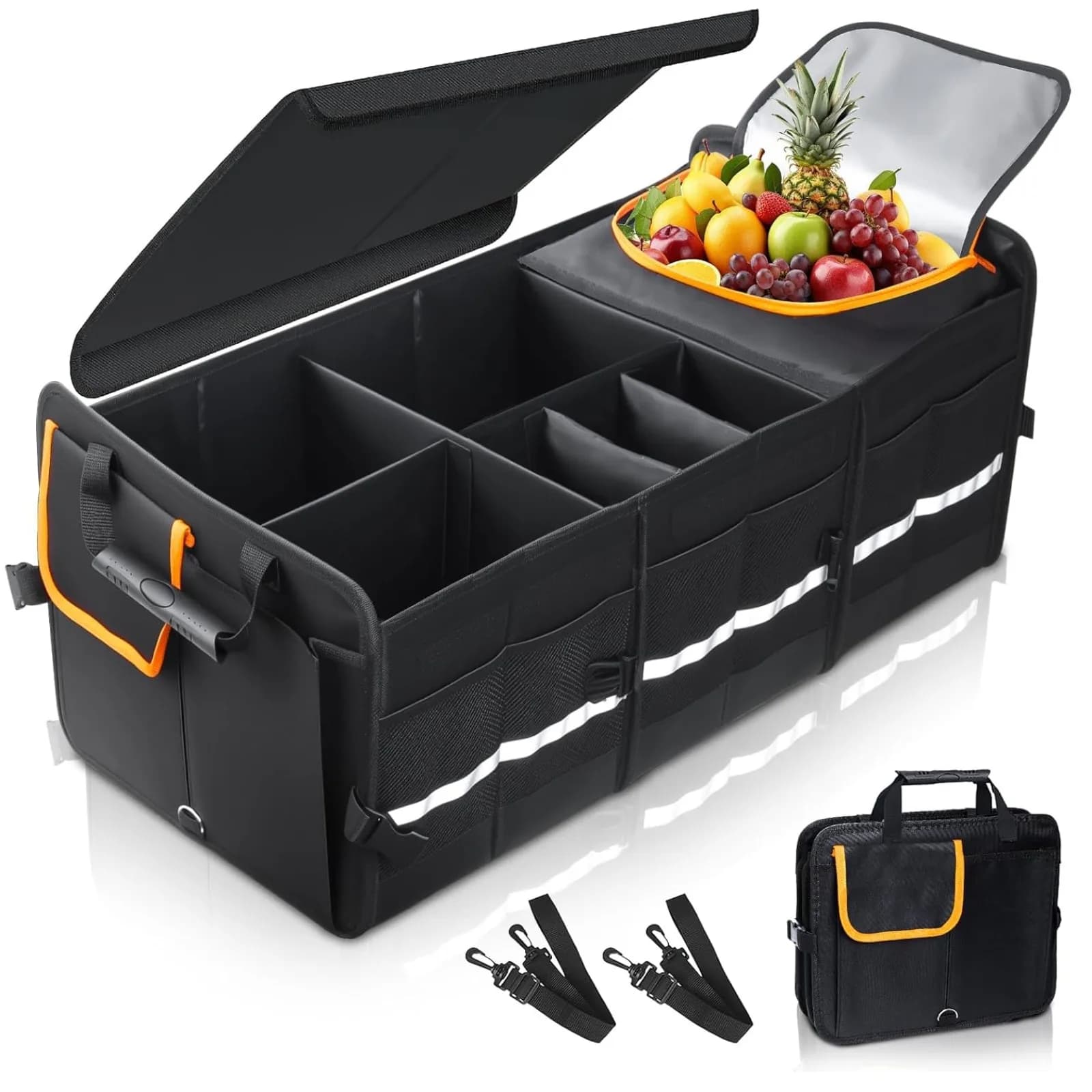 115L Car Trunk Organizer Foldable Multi-Compartment Storage Box Leak-Proof Lining Removable Dividers Box with Cooler Bag for Car