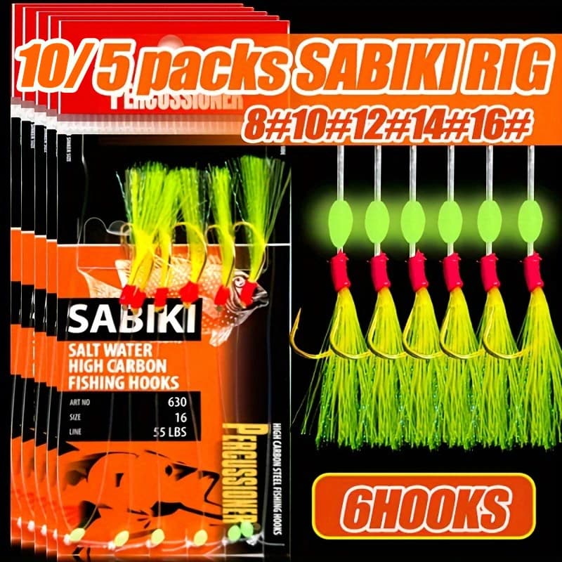 TAKBAS Glow-in-the-Dark Sabiki Rig Set 5/10packs, High-Strength Nylon Fishing Rigs with Sharp Hooks for Saltwater Surf