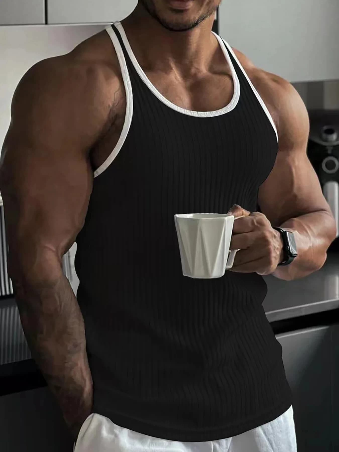 Men's quick drying elastic fitness clothes gym runningslim fit vertical stripessleeveless fashion summer new style