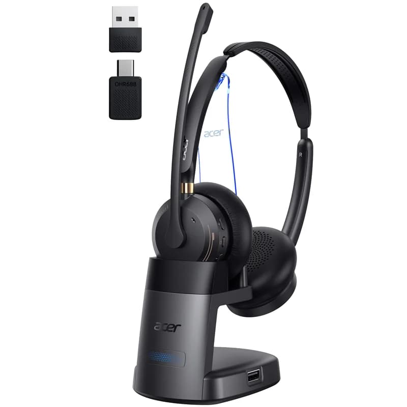 Acer Wireless Headset with Mic for Work Bluetooth 5.3 & 2.4G Headset for Clear Call ＆ Meeting Work Headset with Charge Stand