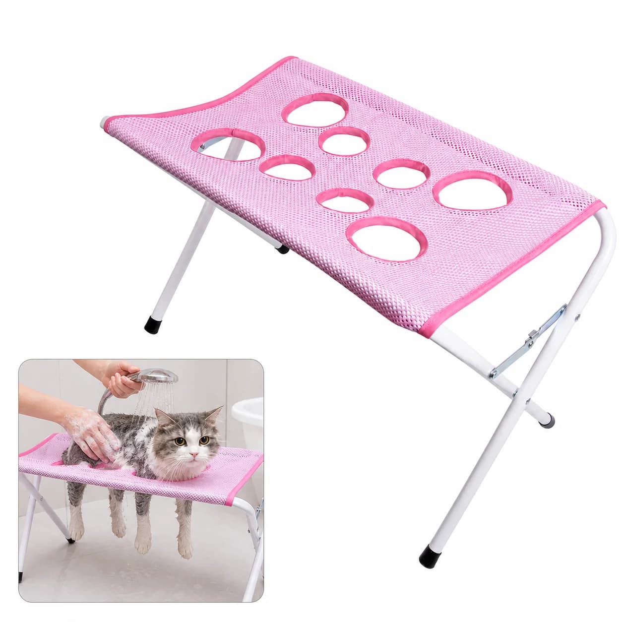 Pet Grooming Hammock Stand Foldable Cat Dog Bathing Rack Quick Dry Mesh Nail Trimming Holder for Small Medium Pets