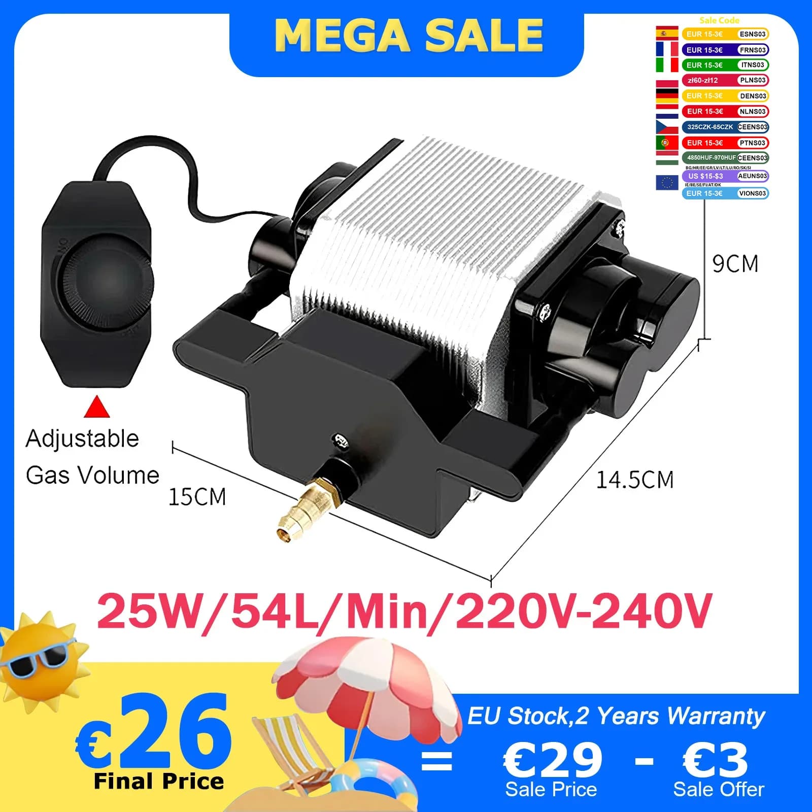 JUICEASE 25W Laser Air Assist Pump 220-240V 54L/Min Air Compressor Fish Tank Oxygen Pump Speed Adjustable For Laser Engraving