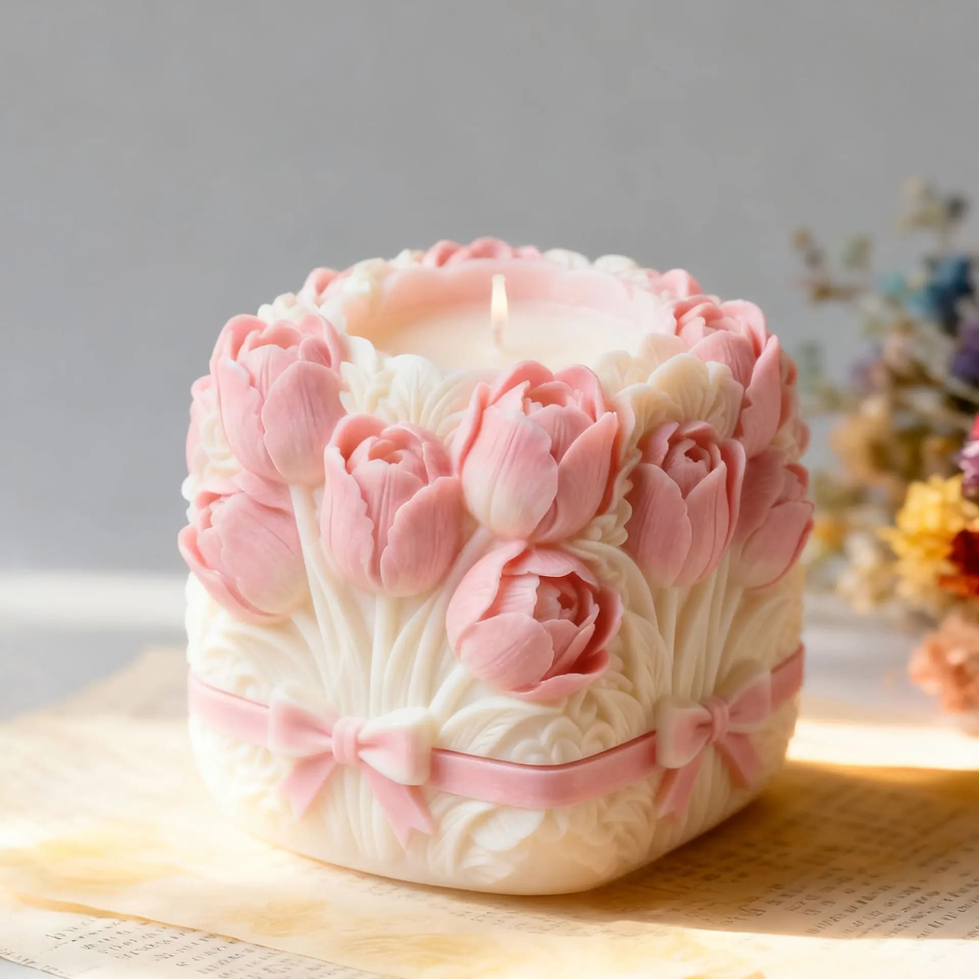 Valentine's Day Gift Tulip Relief Silicone Candle Mold DIY Flowers Cylinder Aroma Gypsum Molds Handmade Candle Making Supplies